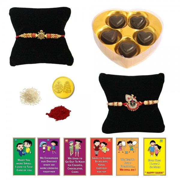 BOGATCHI 5 Heart Chocolate 2 Rakhi Gold Coin Roli Chawal and Story Card D | Rakhi Special Chocolates | Rakhi Gift for Sister 